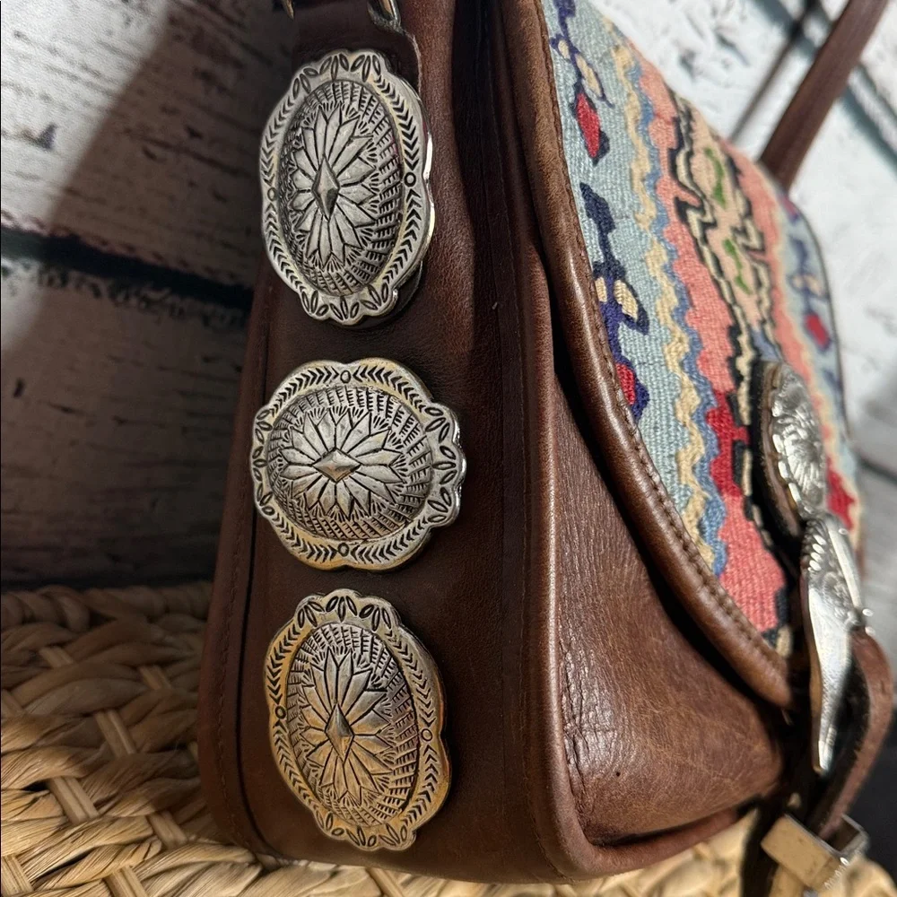 Handmade vintage western Aztec pattern Brown Leather Crossbody Bag with tapestry - Picture 5 of 14